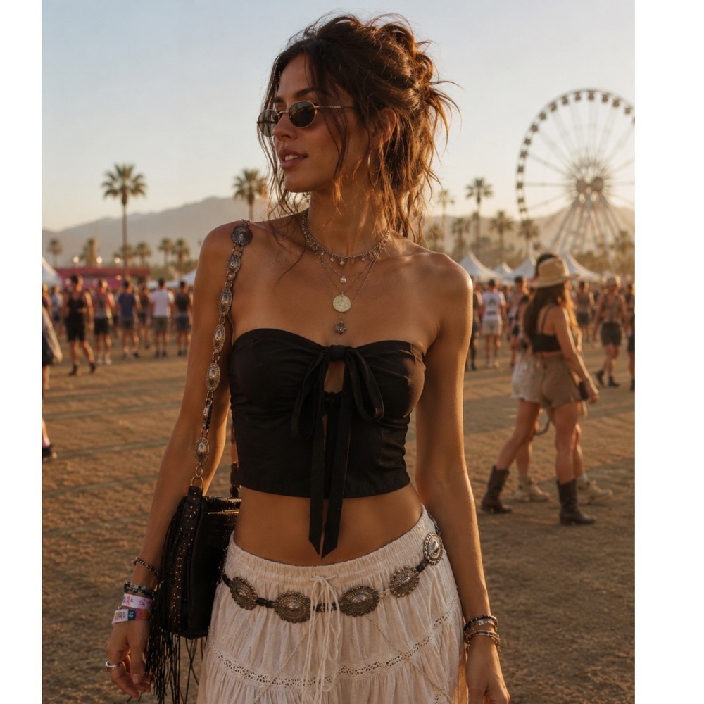Abercrombie‎ & Fitch Black Bow Tie Front Smocked Strapless Tube Crop Top Medium